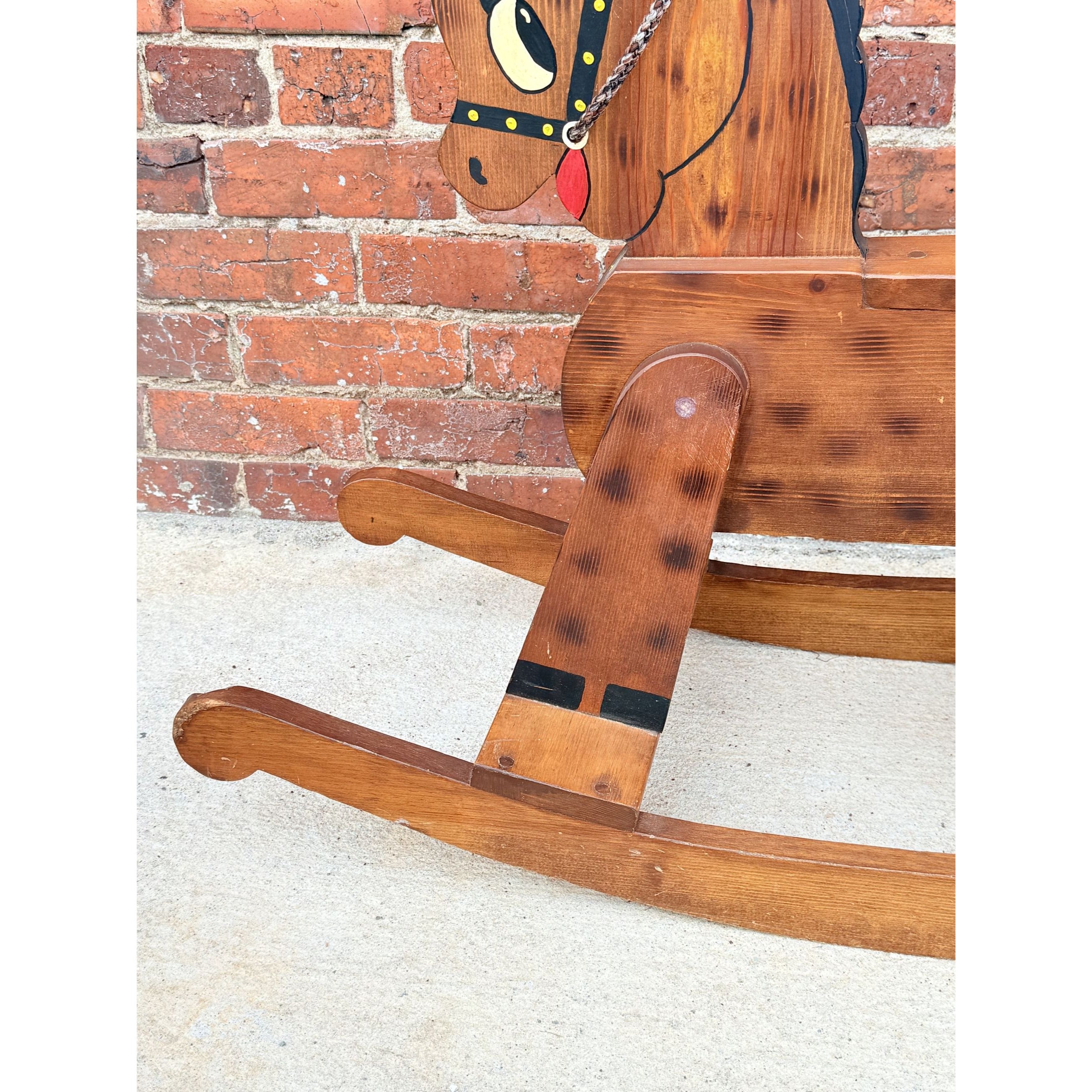 Wooden Rocking Horse Handmade Hand Painted Children Kid Size Vintage Folk Art Cottage Granny Core Yarn Mane Primitive Country Farmhouse