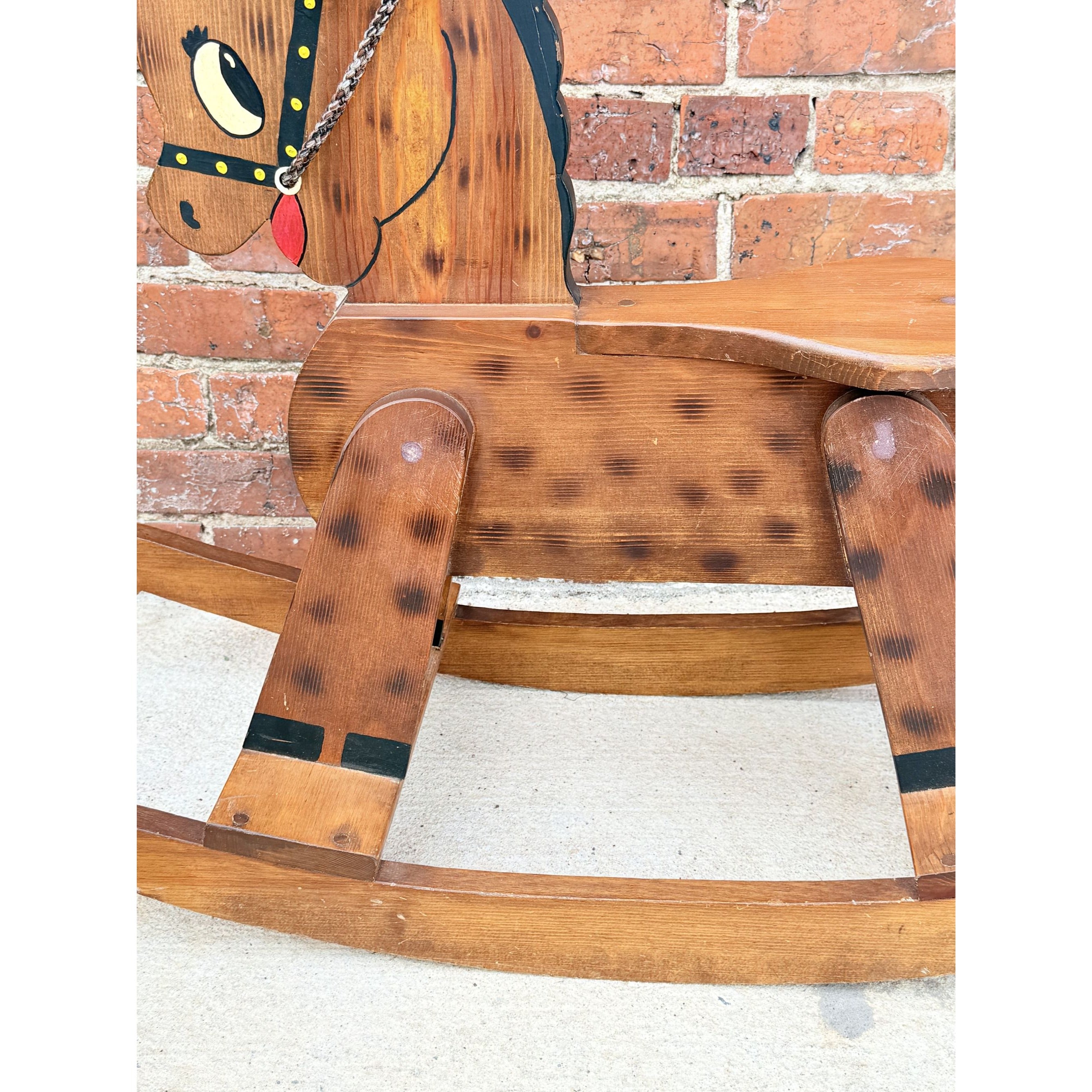 Wooden Rocking Horse Handmade Hand Painted Children Kid Size Vintage Folk Art Cottage Granny Core Yarn Mane Primitive Country Farmhouse