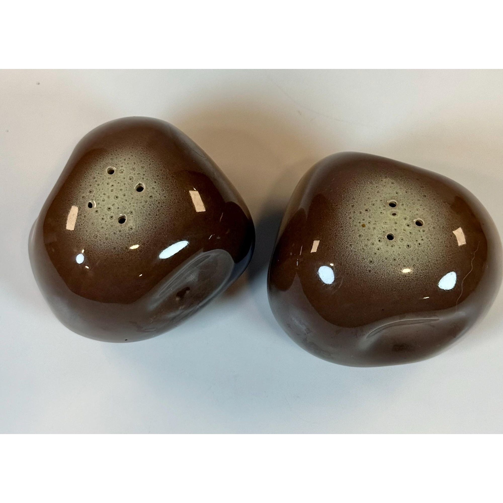 Salt Pepper Shakers Tamac Pottery Frosty Fudge Brown Perry Oklahoma Mid Century 1950s abstract  biomorphic Kitchen Decor Replacement China