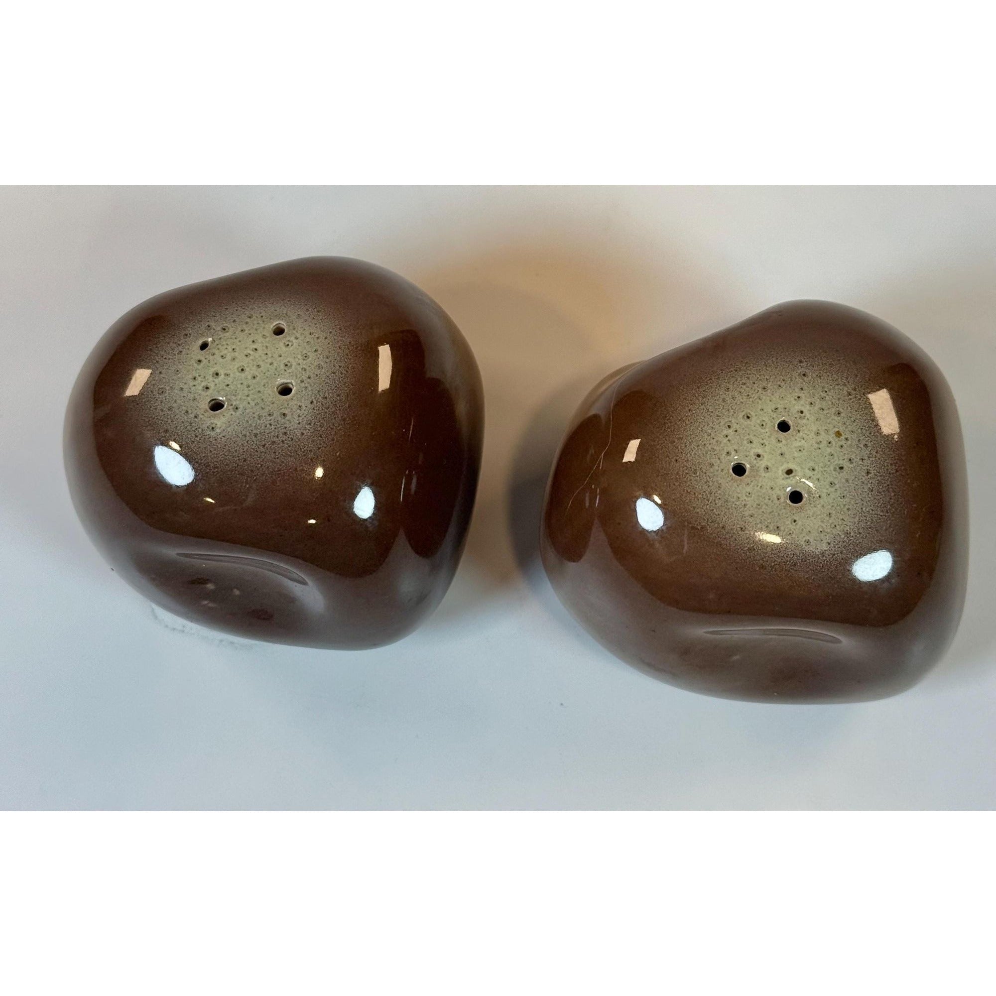 Salt Pepper Shakers Tamac Pottery Frosty Fudge Brown Perry Oklahoma Mid Century 1950s abstract  biomorphic Kitchen Decor Replacement China