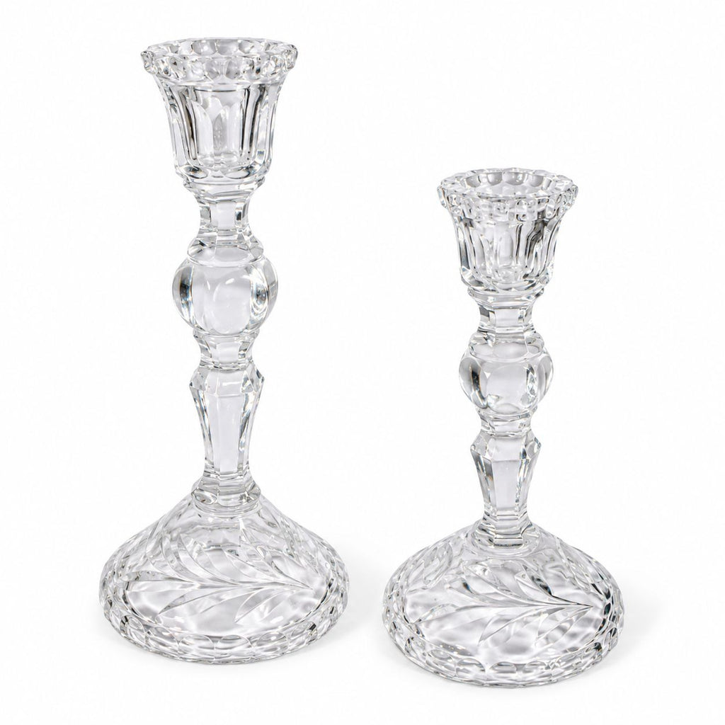 Candlestick Pair Cut Crystal Staggered Size Handcut Taper Candle Holder Rose Cut with Starburst Design Set 2 Vintage Collectible Glassware