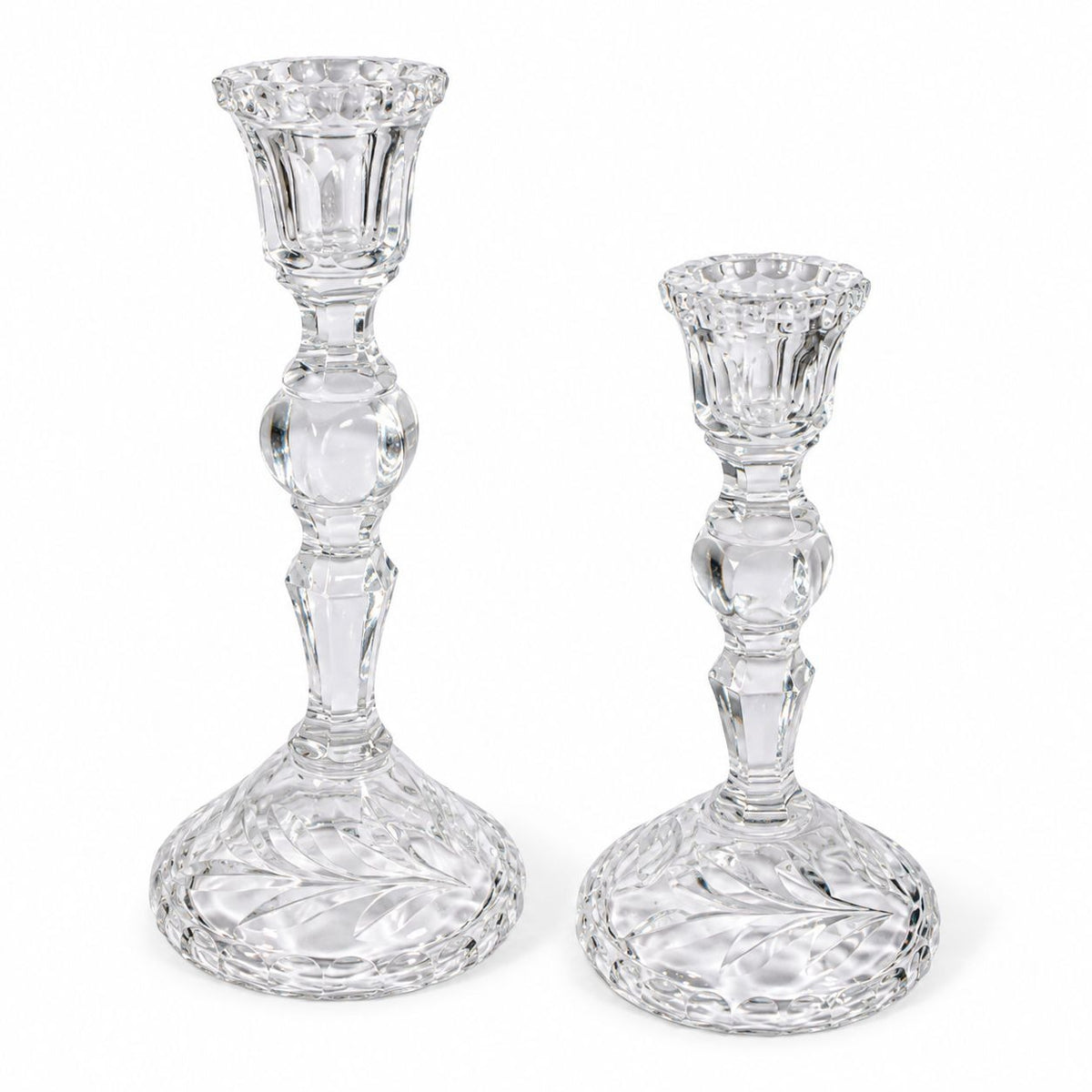 Candlestick Pair Cut Crystal Staggered Size Handcut Taper Candle Holder Rose Cut with Starburst Design Set 2 Vintage Collectible Glassware