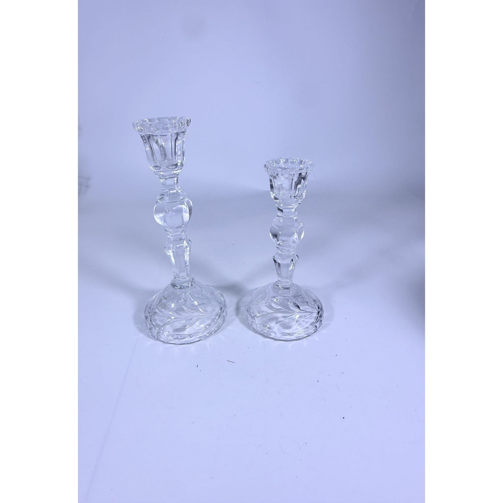 Candlestick Pair Cut Crystal Staggered Size Handcut Taper Candle Holder Rose Cut with Starburst Design Set 2 Vintage Collectible Glassware