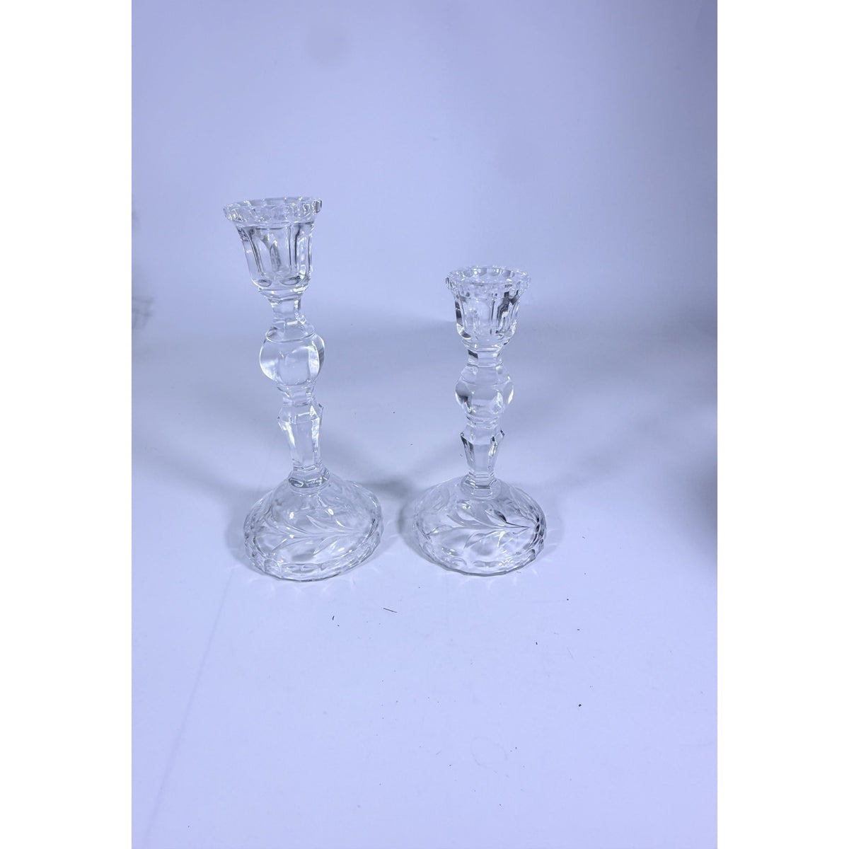 Candlestick Pair Cut Crystal Staggered Size Handcut Taper Candle Holder Rose Cut with Starburst Design Set 2 Vintage Collectible Glassware