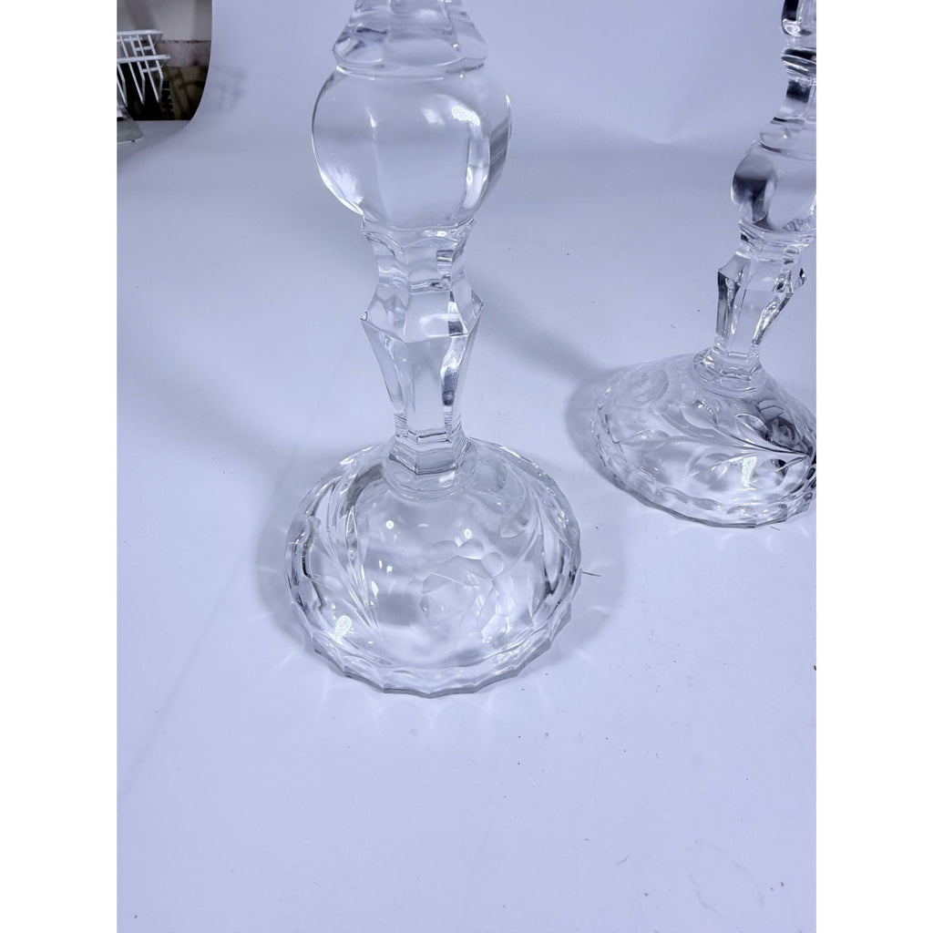 Candlestick Pair Cut Crystal Staggered Size Handcut Taper Candle Holder Rose Cut with Starburst Design Set 2 Vintage Collectible Glassware