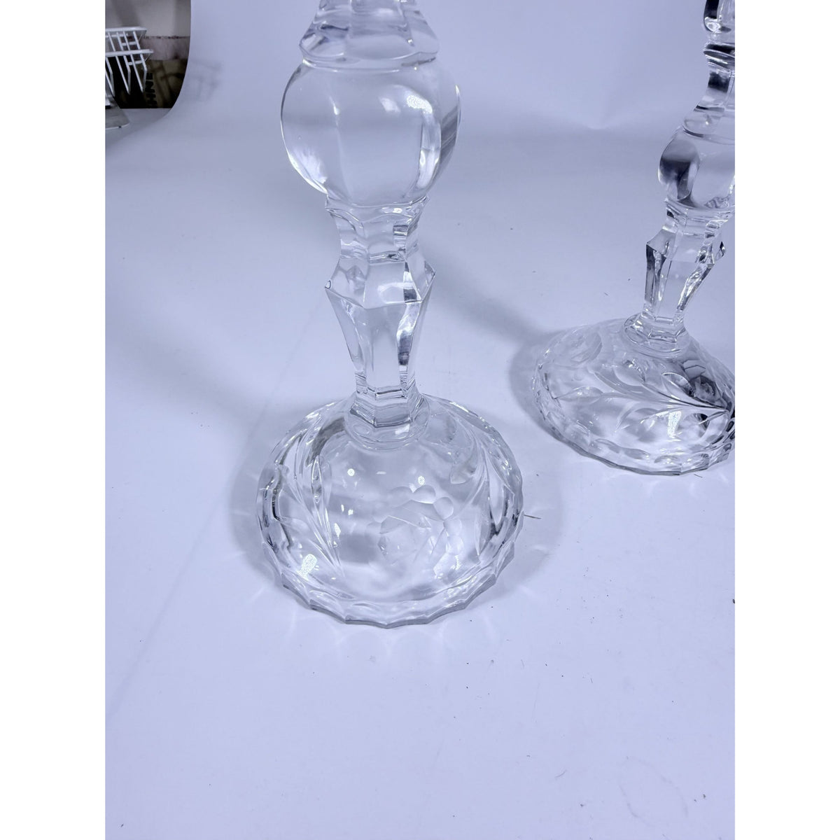 Candlestick Pair Cut Crystal Staggered Size Handcut Taper Candle Holder Rose Cut with Starburst Design Set 2 Vintage Collectible Glassware