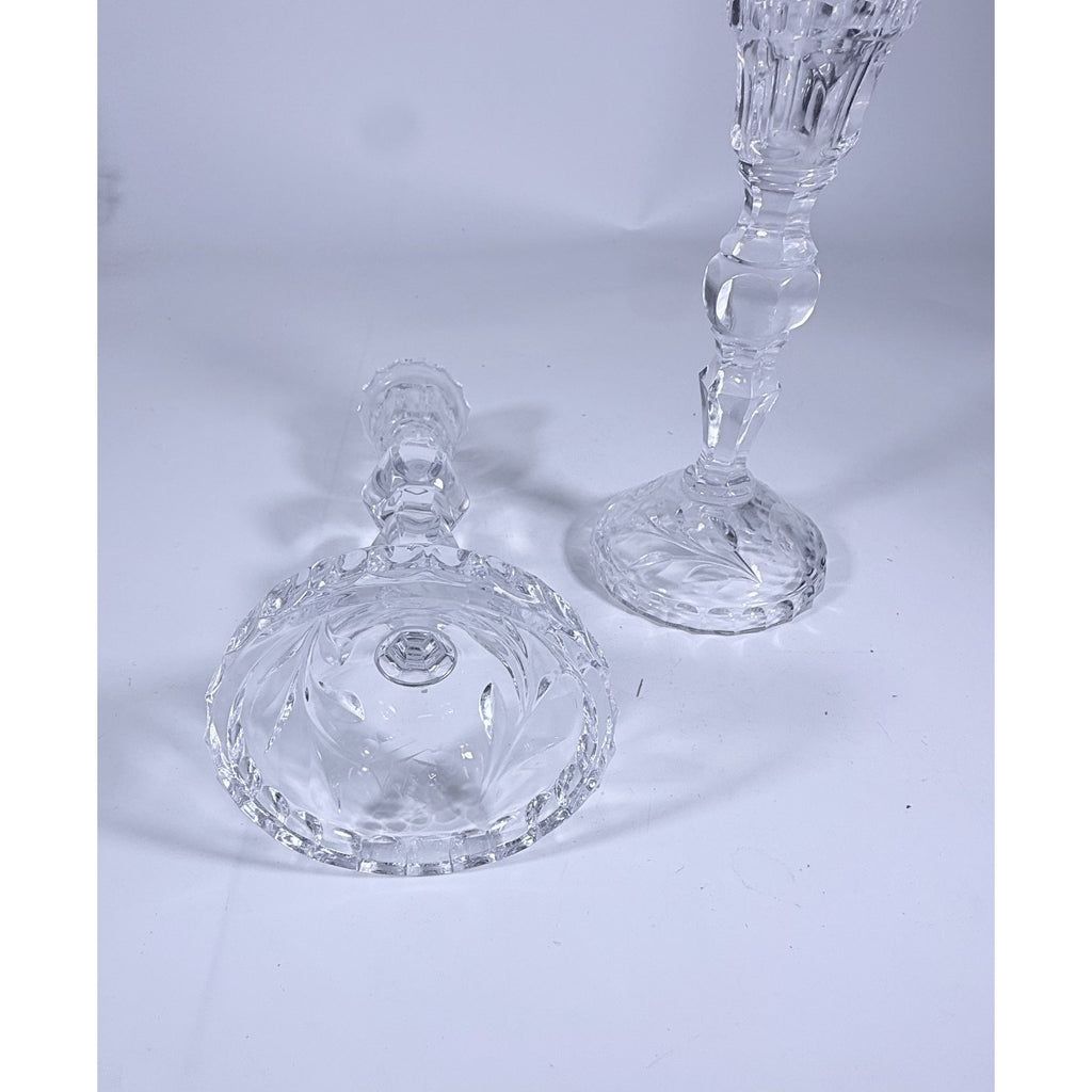Candlestick Pair Cut Crystal Staggered Size Handcut Taper Candle Holder Rose Cut with Starburst Design Set 2 Vintage Collectible Glassware