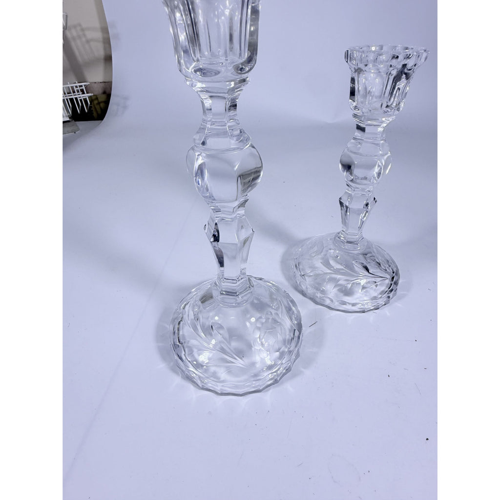 Candlestick Pair Cut Crystal Staggered Size Handcut Taper Candle Holder Rose Cut with Starburst Design Set 2 Vintage Collectible Glassware