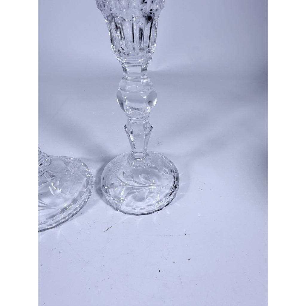 Candlestick Pair Cut Crystal Staggered Size Handcut Taper Candle Holder Rose Cut with Starburst Design Set 2 Vintage Collectible Glassware