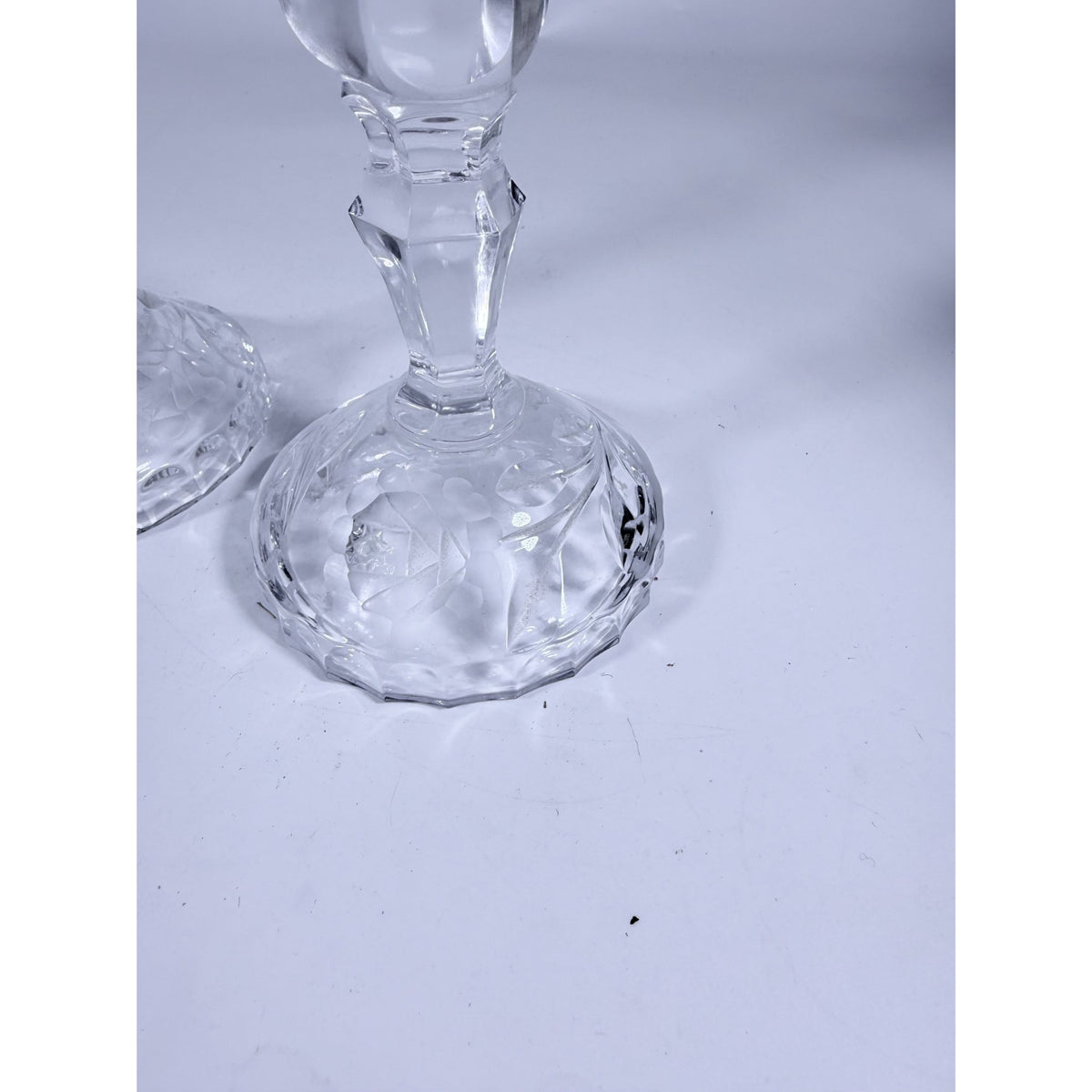 Candlestick Pair Cut Crystal Staggered Size Handcut Taper Candle Holder Rose Cut with Starburst Design Set 2 Vintage Collectible Glassware