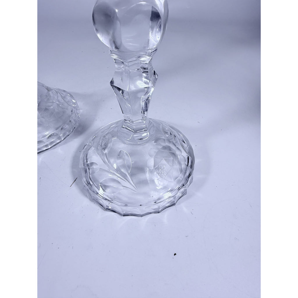 Candlestick Pair Cut Crystal Staggered Size Handcut Taper Candle Holder Rose Cut with Starburst Design Set 2 Vintage Collectible Glassware
