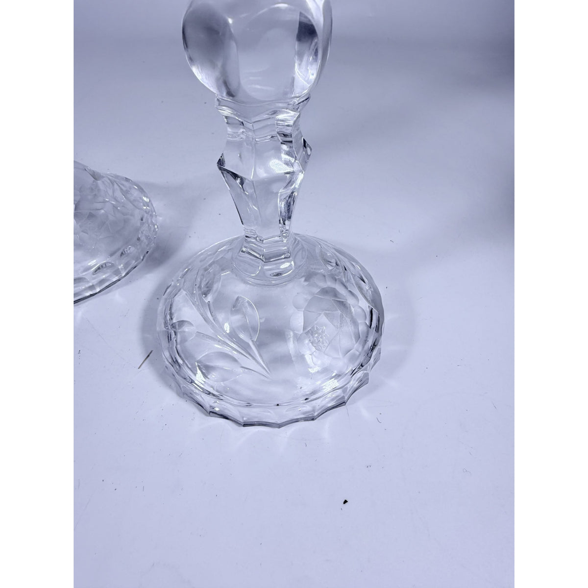 Candlestick Pair Cut Crystal Staggered Size Handcut Taper Candle Holder Rose Cut with Starburst Design Set 2 Vintage Collectible Glassware