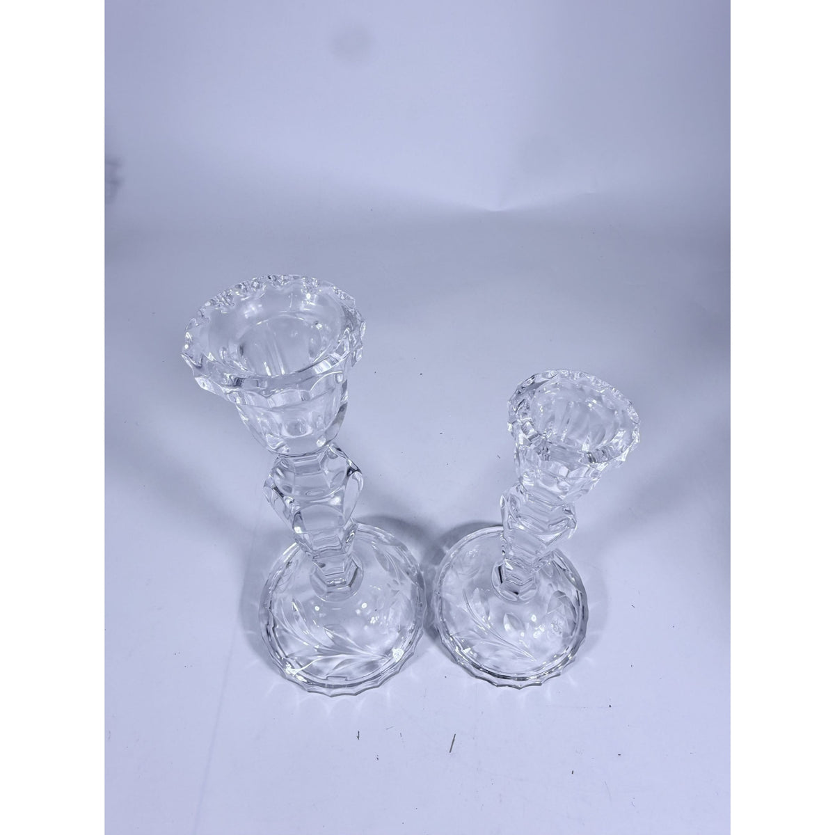 Candlestick Pair Cut Crystal Staggered Size Handcut Taper Candle Holder Rose Cut with Starburst Design Set 2 Vintage Collectible Glassware