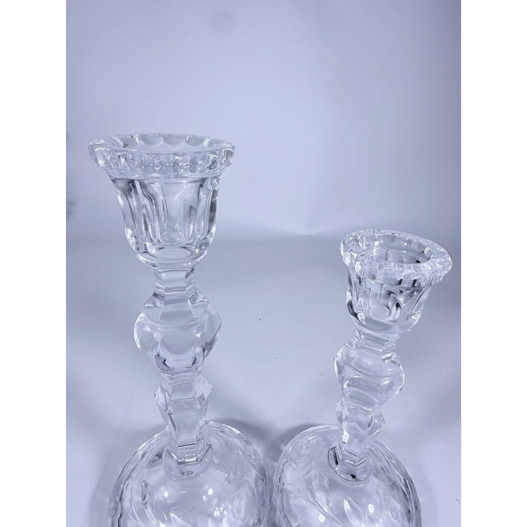 Candlestick Pair Cut Crystal Staggered Size Handcut Taper Candle Holder Rose Cut with Starburst Design Set 2 Vintage Collectible Glassware