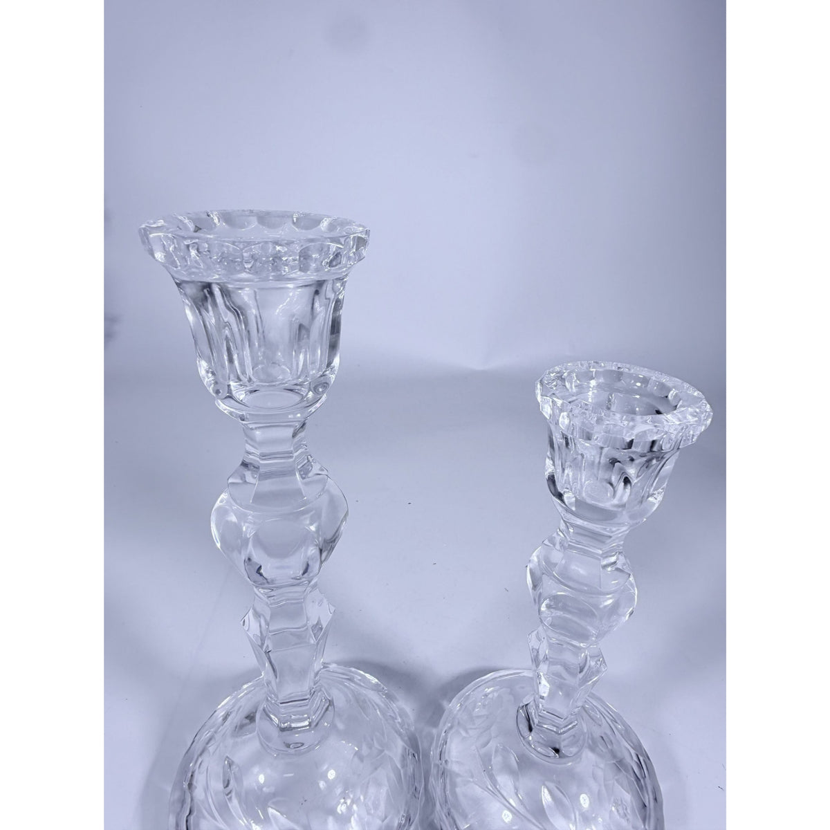 Candlestick Pair Cut Crystal Staggered Size Handcut Taper Candle Holder Rose Cut with Starburst Design Set 2 Vintage Collectible Glassware