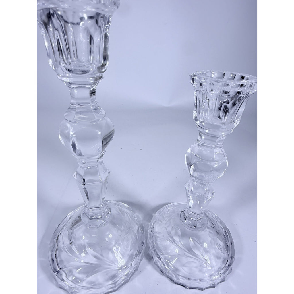 Candlestick Pair Cut Crystal Staggered Size Handcut Taper Candle Holder Rose Cut with Starburst Design Set 2 Vintage Collectible Glassware