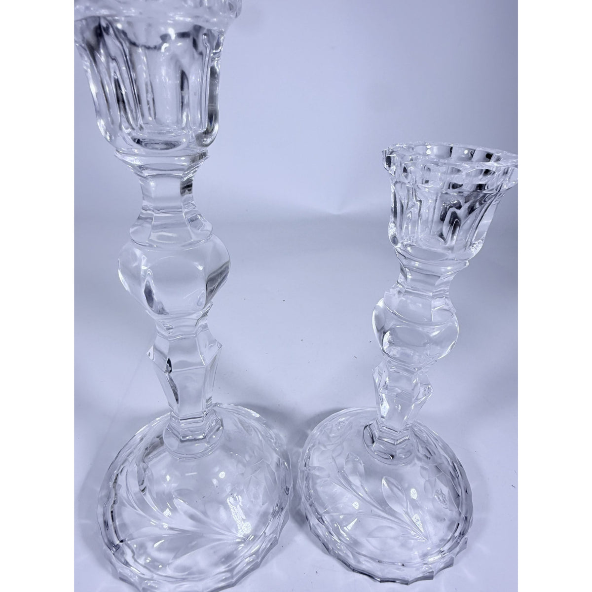 Candlestick Pair Cut Crystal Staggered Size Handcut Taper Candle Holder Rose Cut with Starburst Design Set 2 Vintage Collectible Glassware