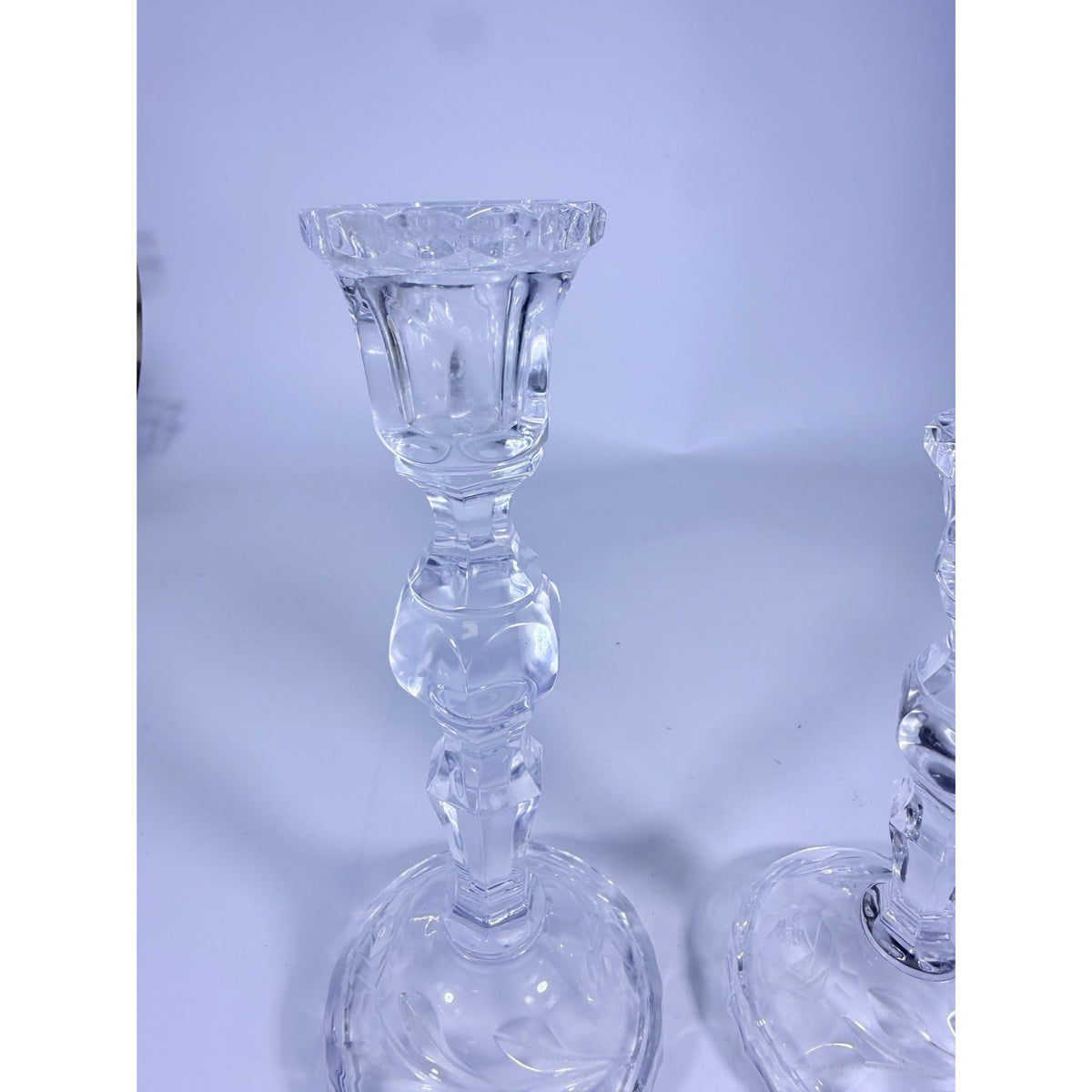 Candlestick Pair Cut Crystal Staggered Size Handcut Taper Candle Holder Rose Cut with Starburst Design Set 2 Vintage Collectible Glassware
