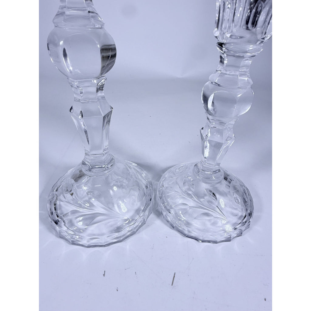 Candlestick Pair Cut Crystal Staggered Size Handcut Taper Candle Holder Rose Cut with Starburst Design Set 2 Vintage Collectible Glassware