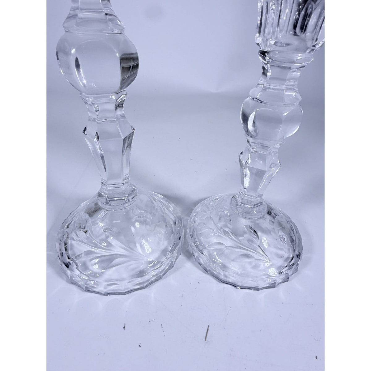 Candlestick Pair Cut Crystal Staggered Size Handcut Taper Candle Holder Rose Cut with Starburst Design Set 2 Vintage Collectible Glassware