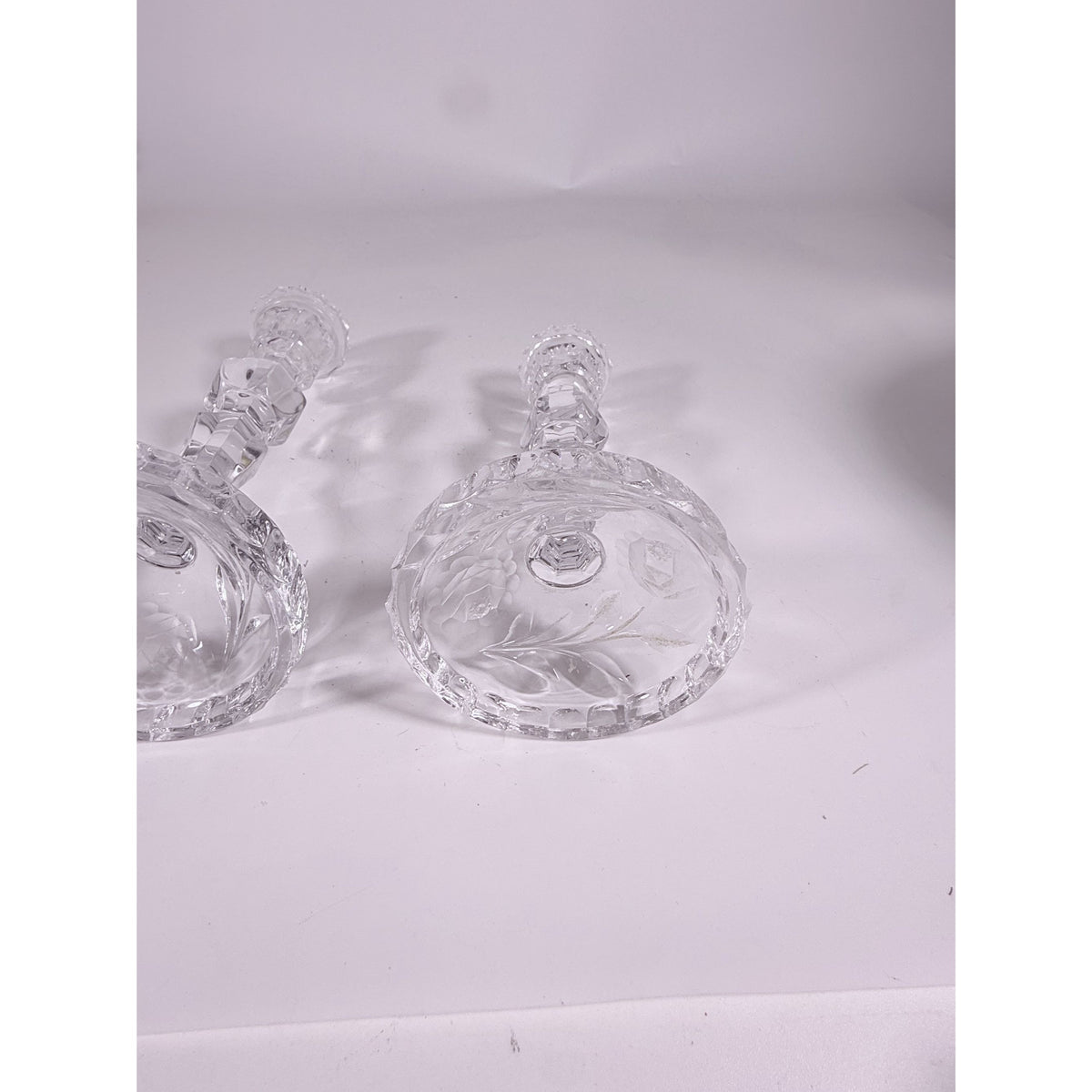 Candlestick Pair Cut Crystal Staggered Size Handcut Taper Candle Holder Rose Cut with Starburst Design Set 2 Vintage Collectible Glassware