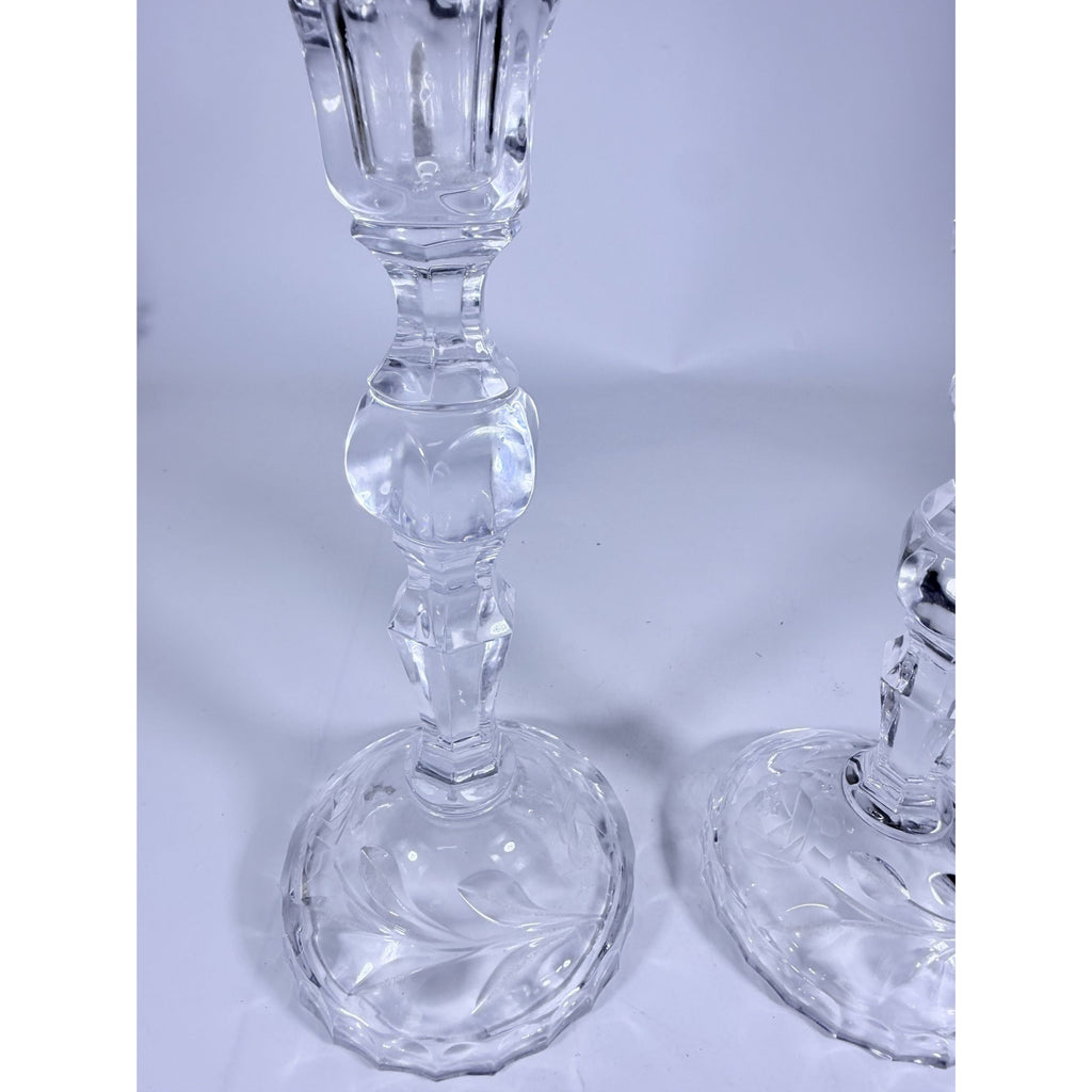 Candlestick Pair Cut Crystal Staggered Size Handcut Taper Candle Holder Rose Cut with Starburst Design Set 2 Vintage Collectible Glassware