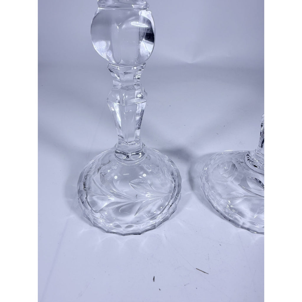 Candlestick Pair Cut Crystal Staggered Size Handcut Taper Candle Holder Rose Cut with Starburst Design Set 2 Vintage Collectible Glassware