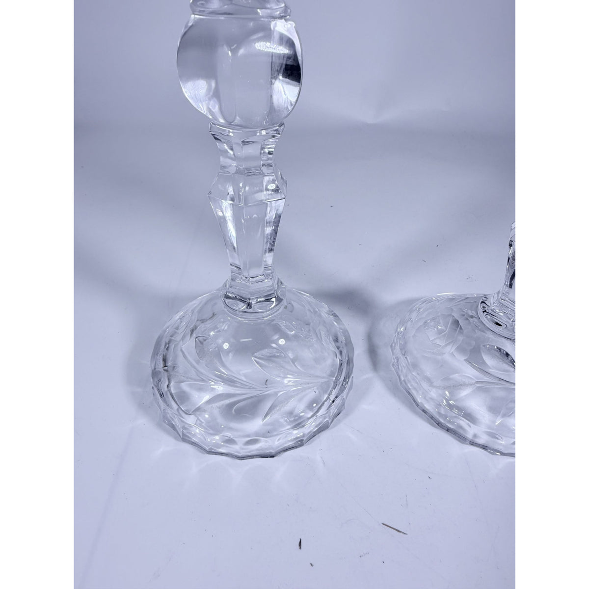 Candlestick Pair Cut Crystal Staggered Size Handcut Taper Candle Holder Rose Cut with Starburst Design Set 2 Vintage Collectible Glassware