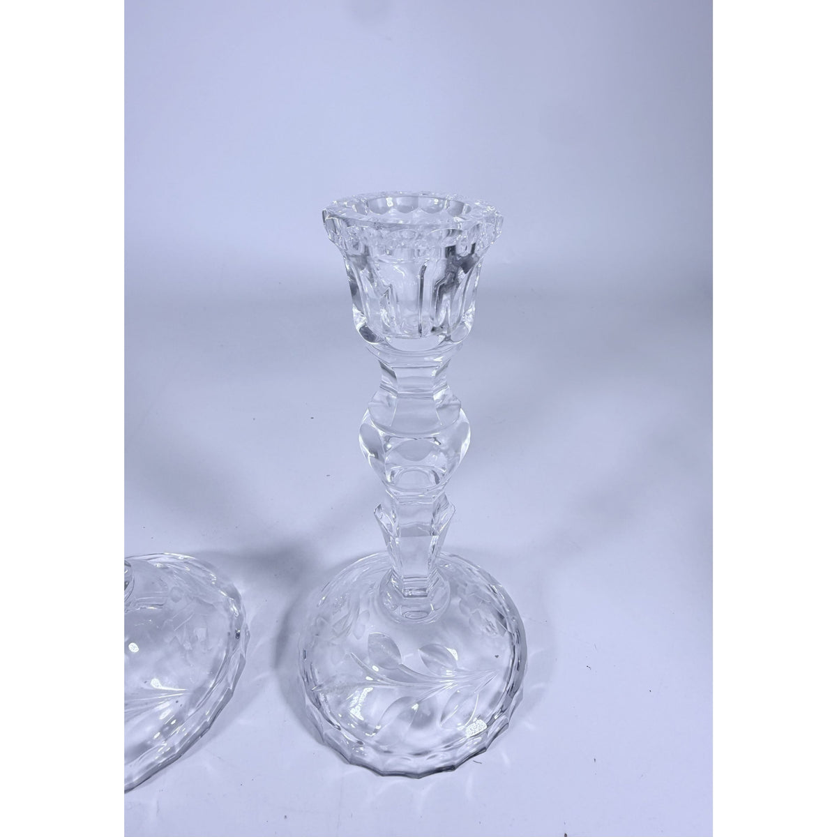 Candlestick Pair Cut Crystal Staggered Size Handcut Taper Candle Holder Rose Cut with Starburst Design Set 2 Vintage Collectible Glassware
