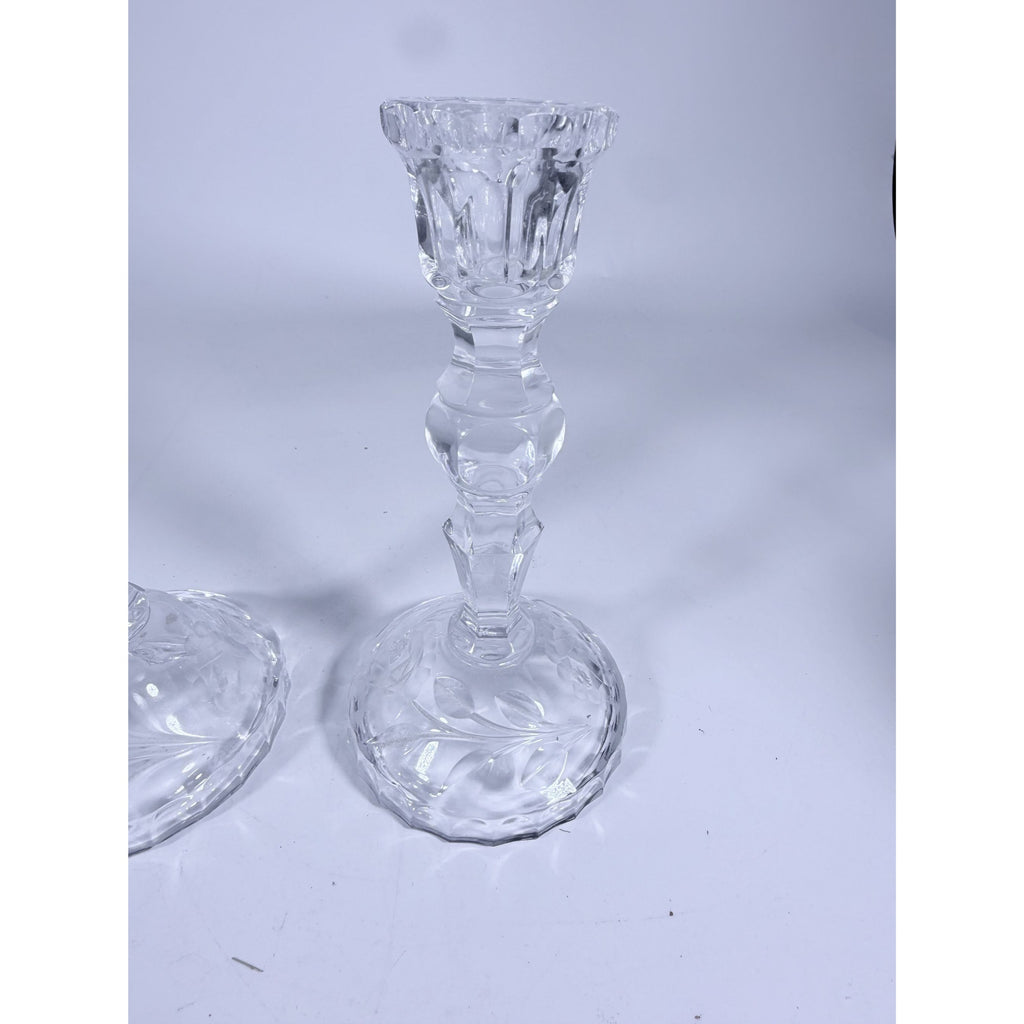 Candlestick Pair Cut Crystal Staggered Size Handcut Taper Candle Holder Rose Cut with Starburst Design Set 2 Vintage Collectible Glassware