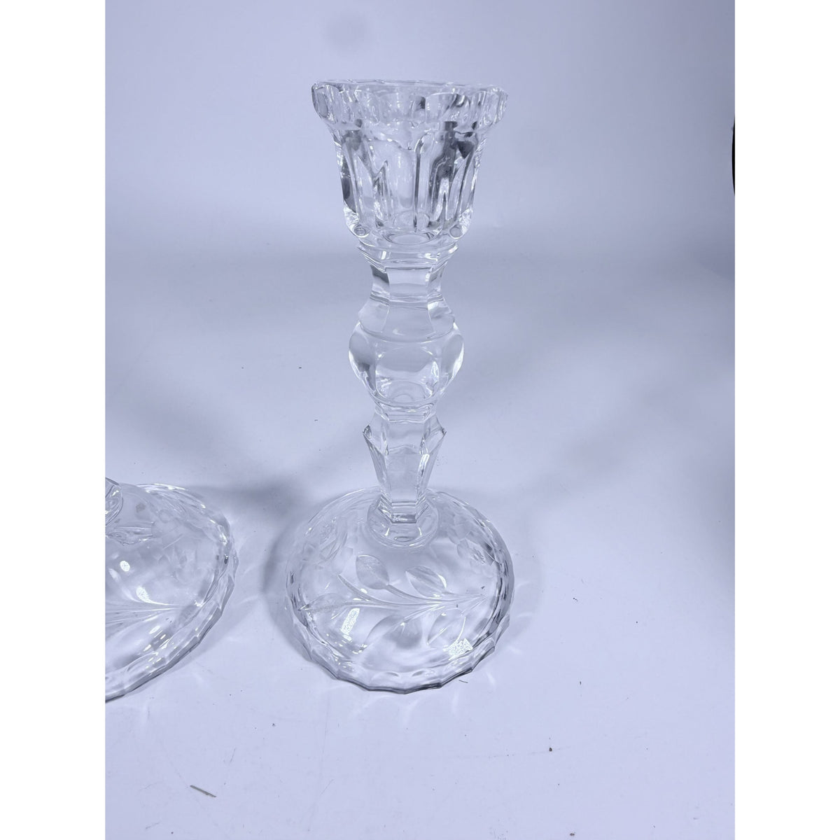 Candlestick Pair Cut Crystal Staggered Size Handcut Taper Candle Holder Rose Cut with Starburst Design Set 2 Vintage Collectible Glassware