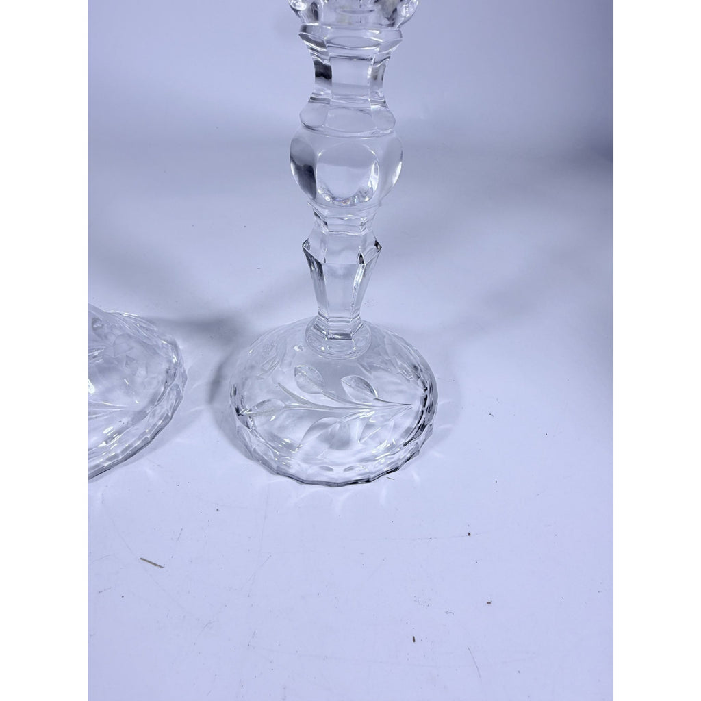 Candlestick Pair Cut Crystal Staggered Size Handcut Taper Candle Holder Rose Cut with Starburst Design Set 2 Vintage Collectible Glassware