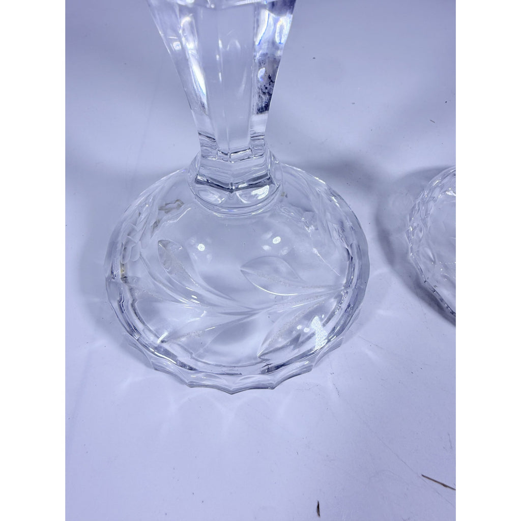 Candlestick Pair Cut Crystal Staggered Size Handcut Taper Candle Holder Rose Cut with Starburst Design Set 2 Vintage Collectible Glassware