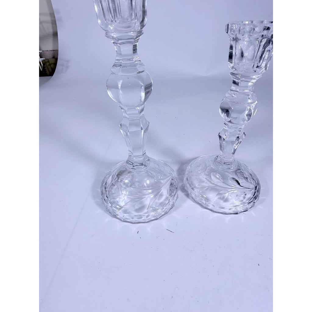 Candlestick Pair Cut Crystal Staggered Size Handcut Taper Candle Holder Rose Cut with Starburst Design Set 2 Vintage Collectible Glassware