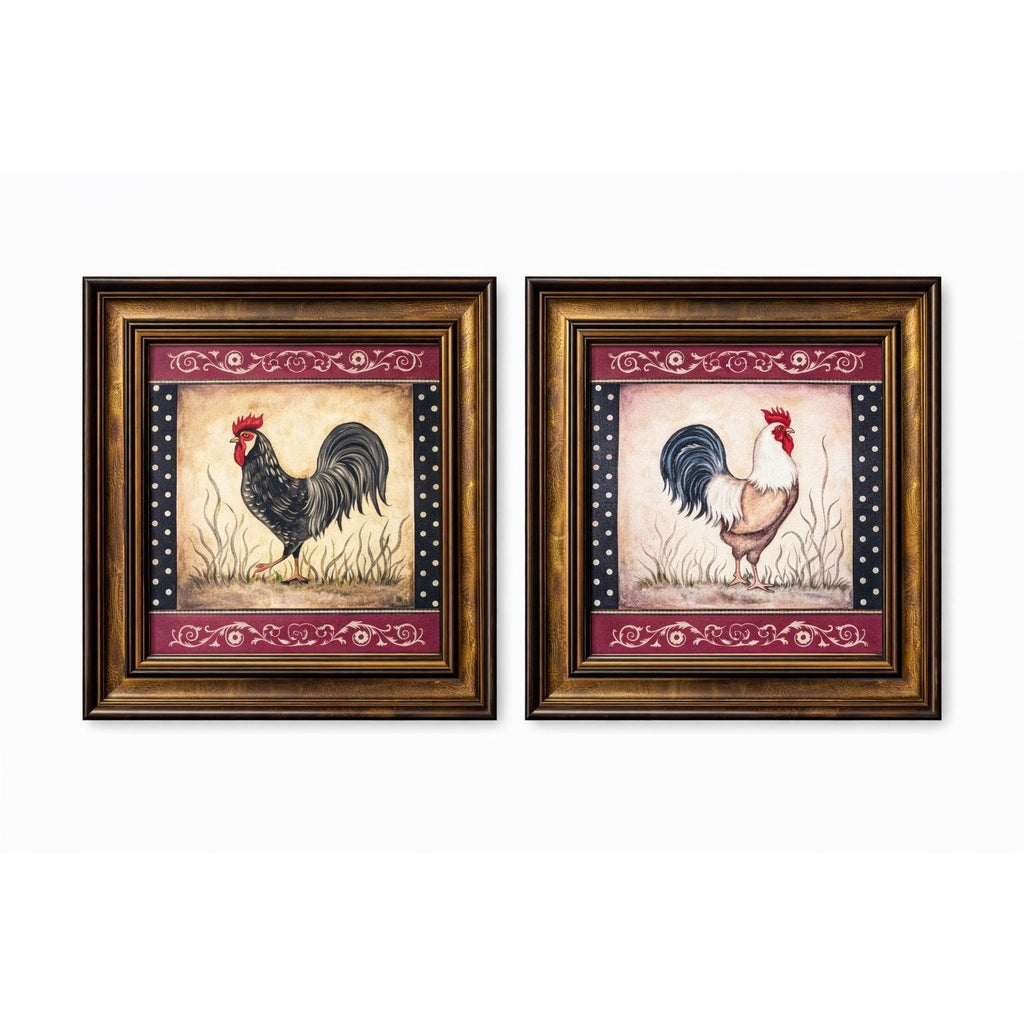 Rooster Chicken Oil Like Paintings Art Wall Decor Pair Set 2 Kitchen Decor