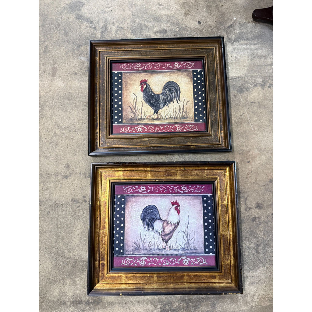 Rooster Chicken Oil Like Paintings Art Wall Decor Pair Set 2 Kitchen Decor