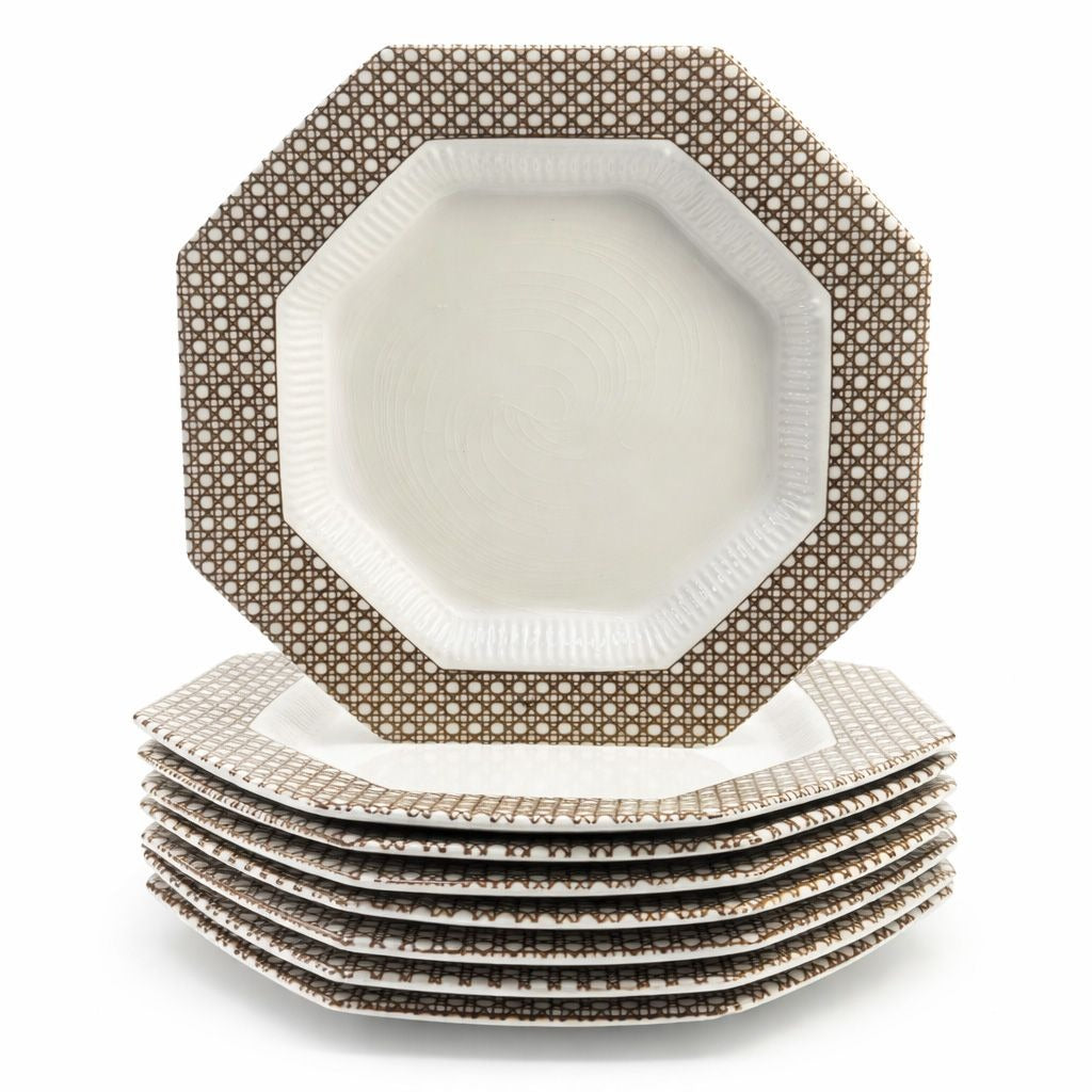 Dinner Plates Set 8 Independence Ironstone Interpace Lattice Cane Wicker Rattan Brown White Japan Replacement China Grand Millennial