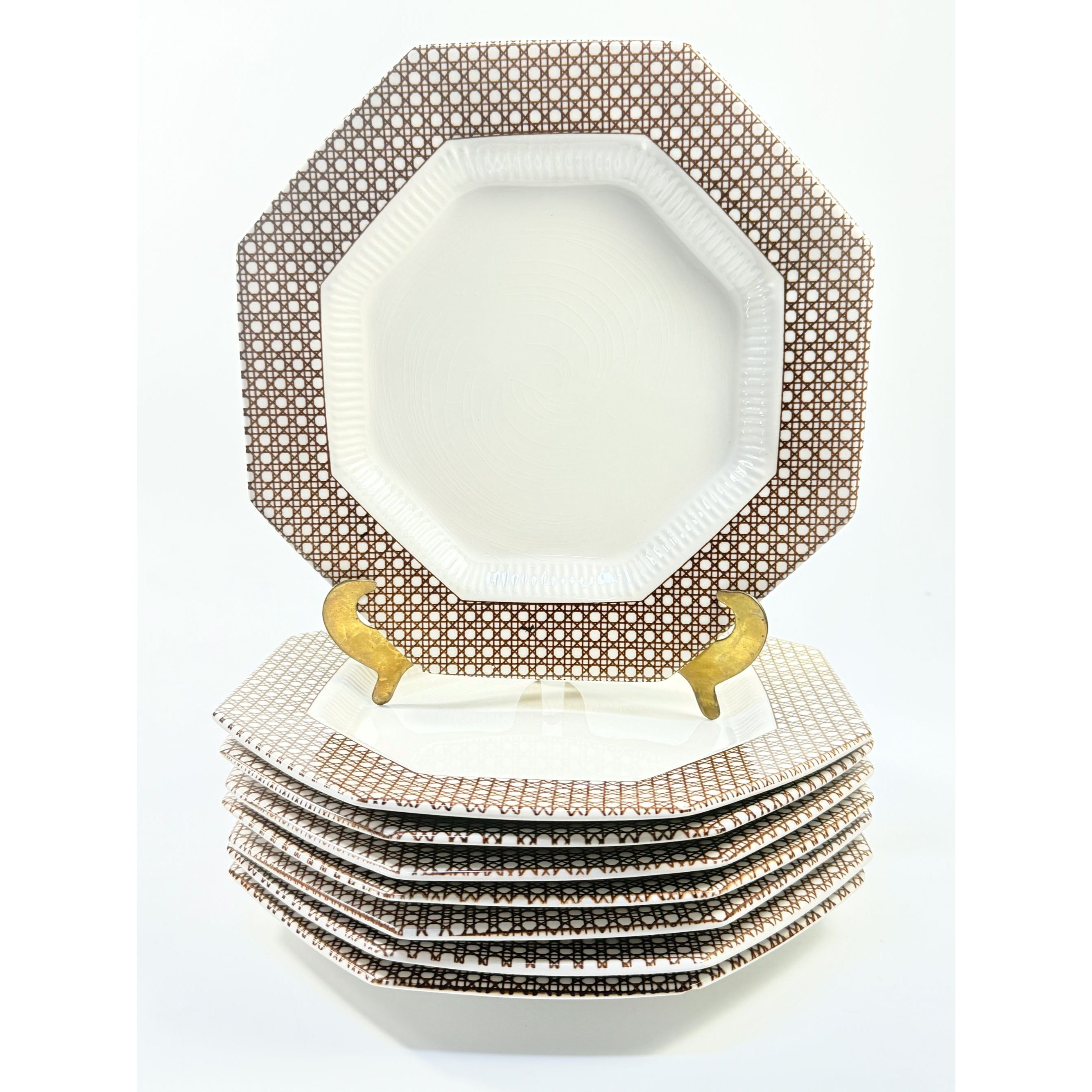 Dinner Plates Set 8 Independence Ironstone Interpace Lattice Cane Wicker Rattan Brown White Japan Replacement China Grand Millennial