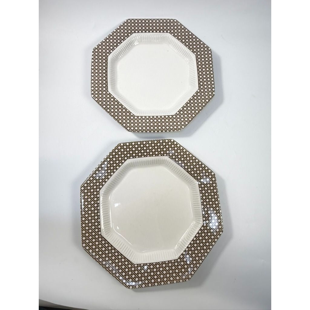 Dinner Plates Set 8 Independence Ironstone Interpace Lattice Cane Wicker Rattan Brown White Japan Replacement China Grand Millennial