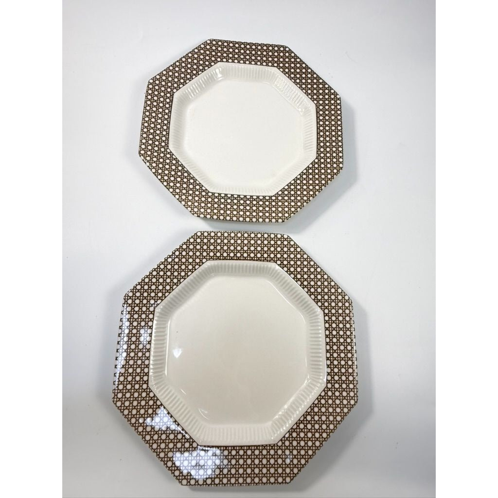 Dinner Plates Set 8 Independence Ironstone Interpace Lattice Cane Wicker Rattan Brown White Japan Replacement China Grand Millennial