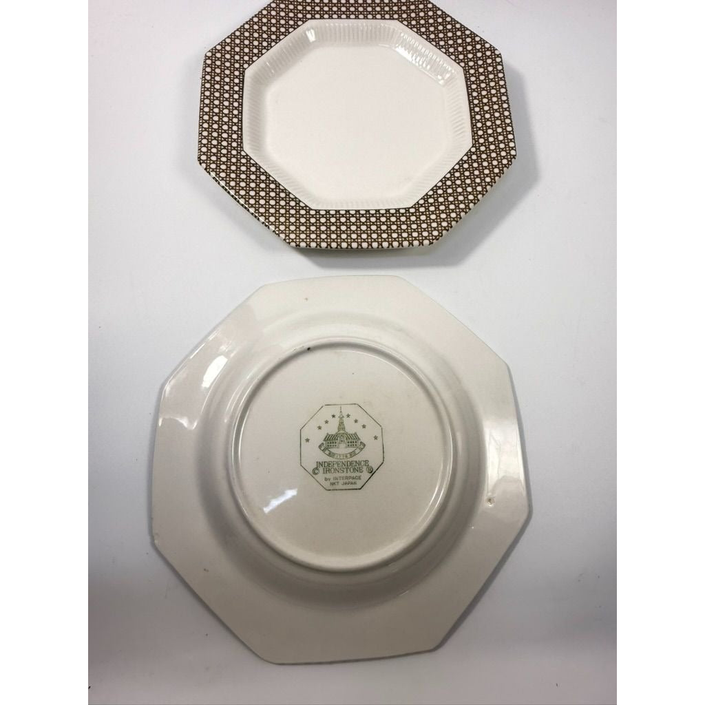 Dinner Plates Set 8 Independence Ironstone Interpace Lattice Cane Wicker Rattan Brown White Japan Replacement China Grand Millennial