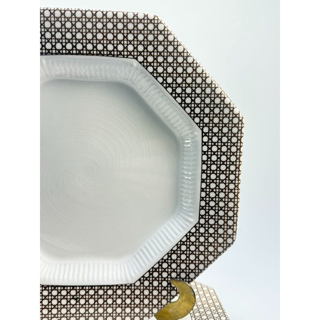Dinner Plates Set 8 Independence Ironstone Interpace Lattice Cane Wicker Rattan Brown White Japan Replacement China Grand Millennial