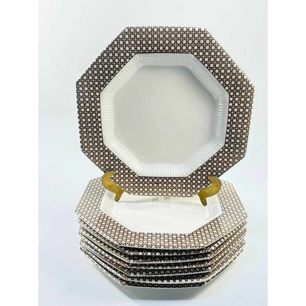 Dinner Plates Set 8 Independence Ironstone Interpace Lattice Cane Wicker Rattan Brown White Japan Replacement China Grand Millennial