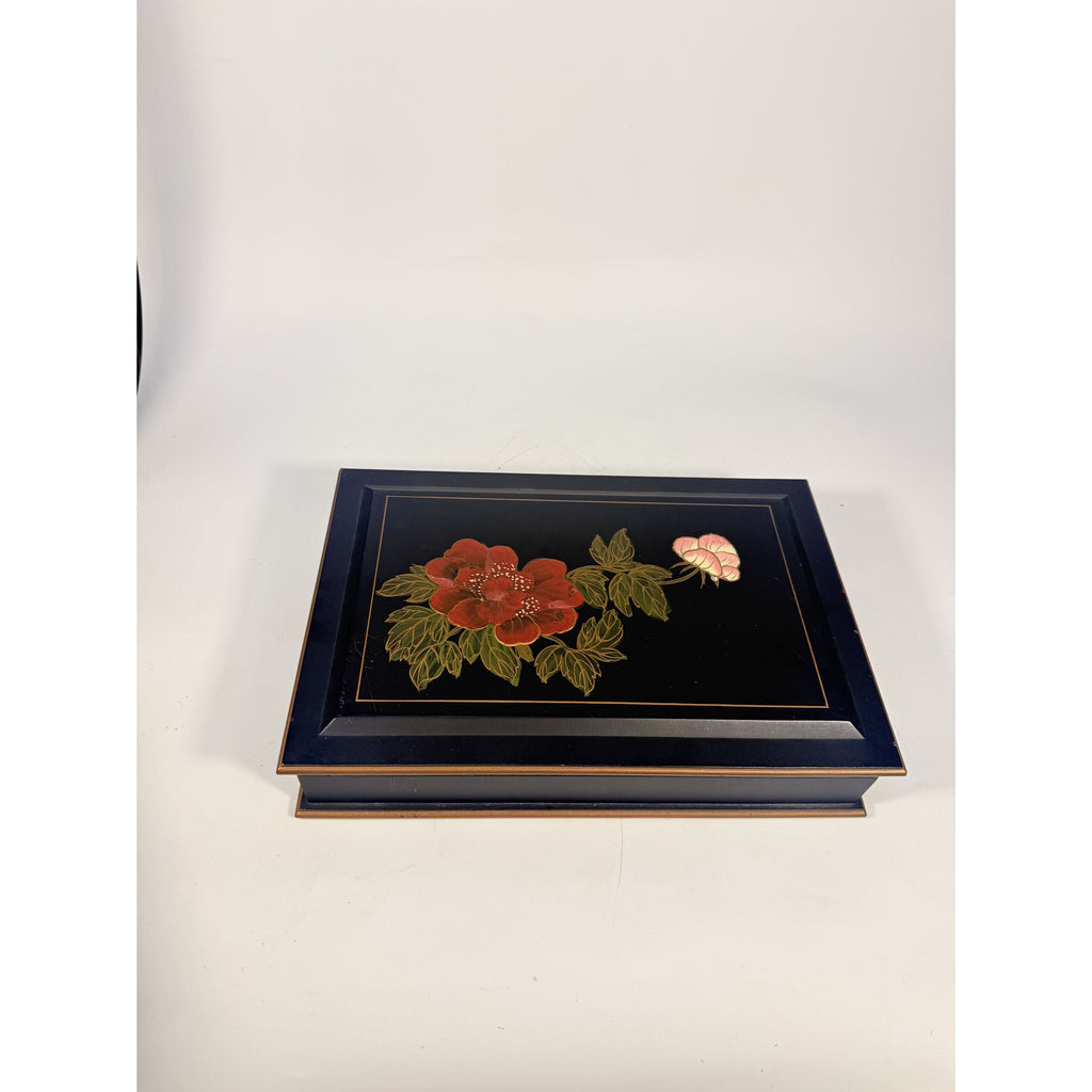 Jewlery Box Embossed Flowers Chinoiserie Oriental Boudoir Table Home Decor Black Matte