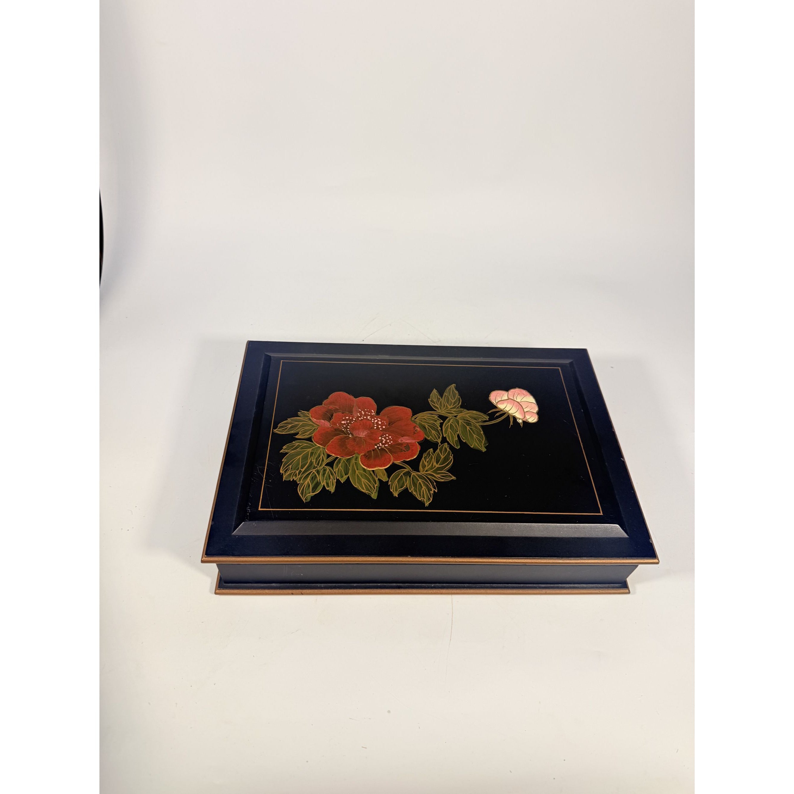 Jewlery Box Embossed Flowers Chinoiserie Oriental Boudoir Table Home Decor Black Matte