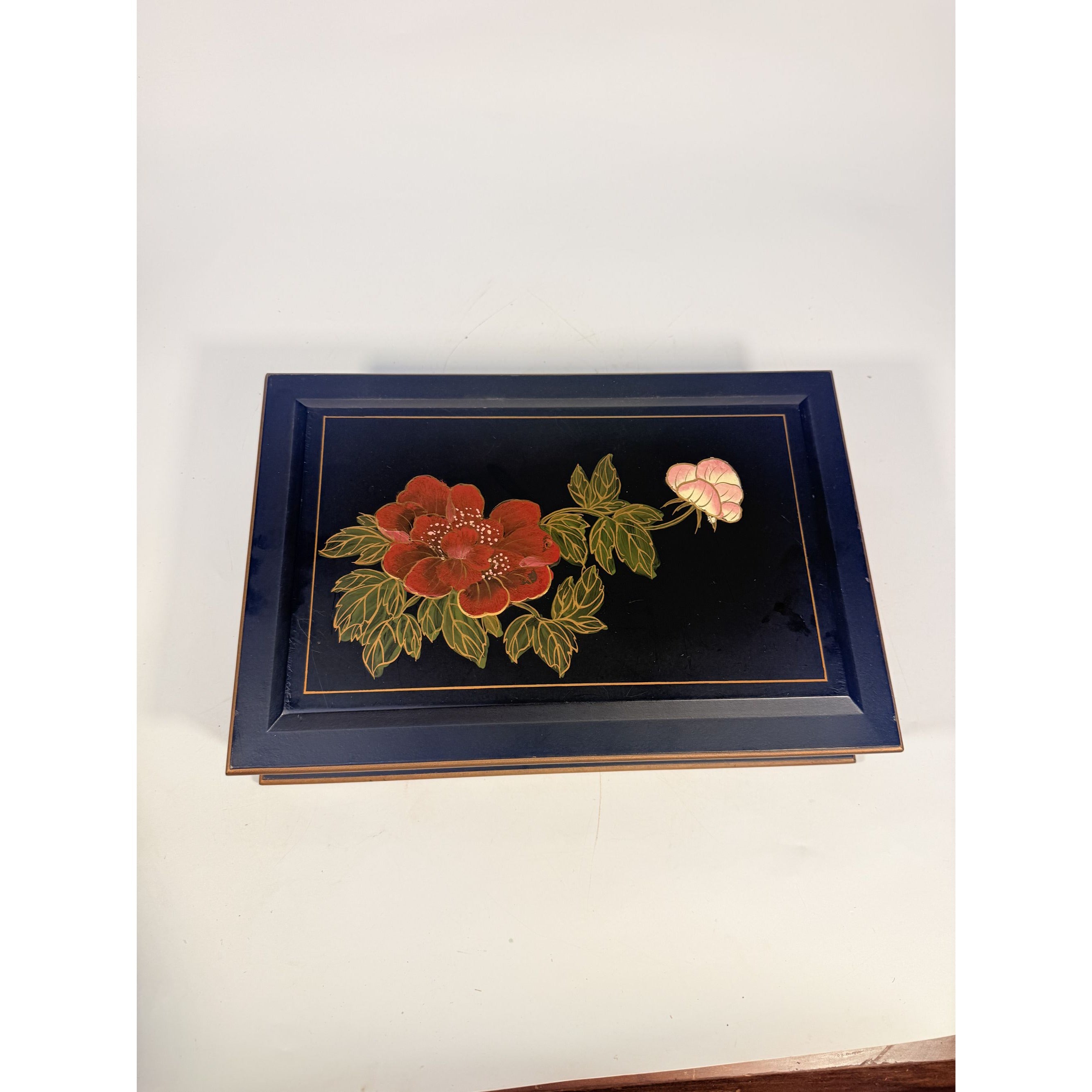 Jewlery Box Embossed Flowers Chinoiserie Oriental Boudoir Table Home Decor Black Matte