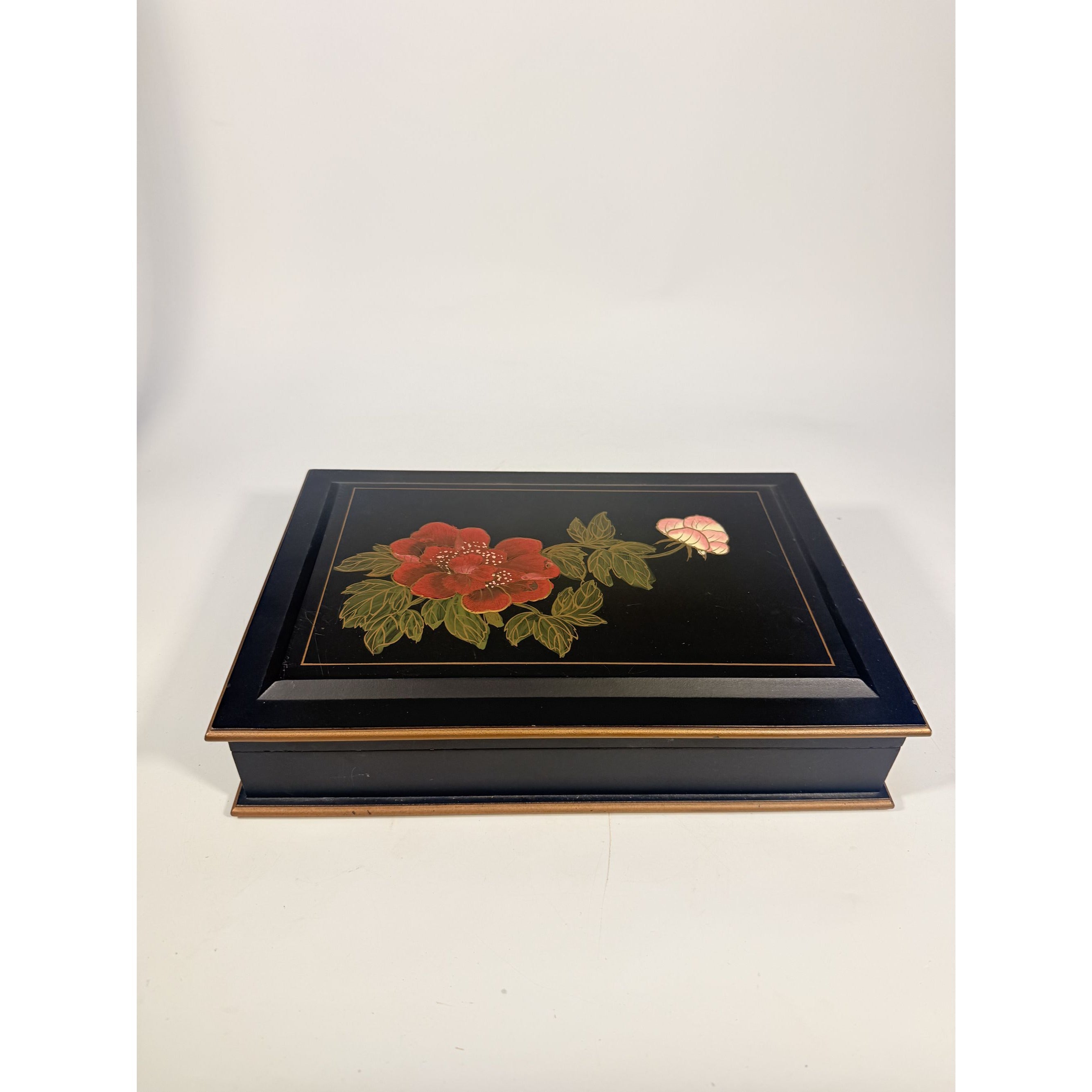 Jewlery Box Embossed Flowers Chinoiserie Oriental Boudoir Table Home Decor Black Matte