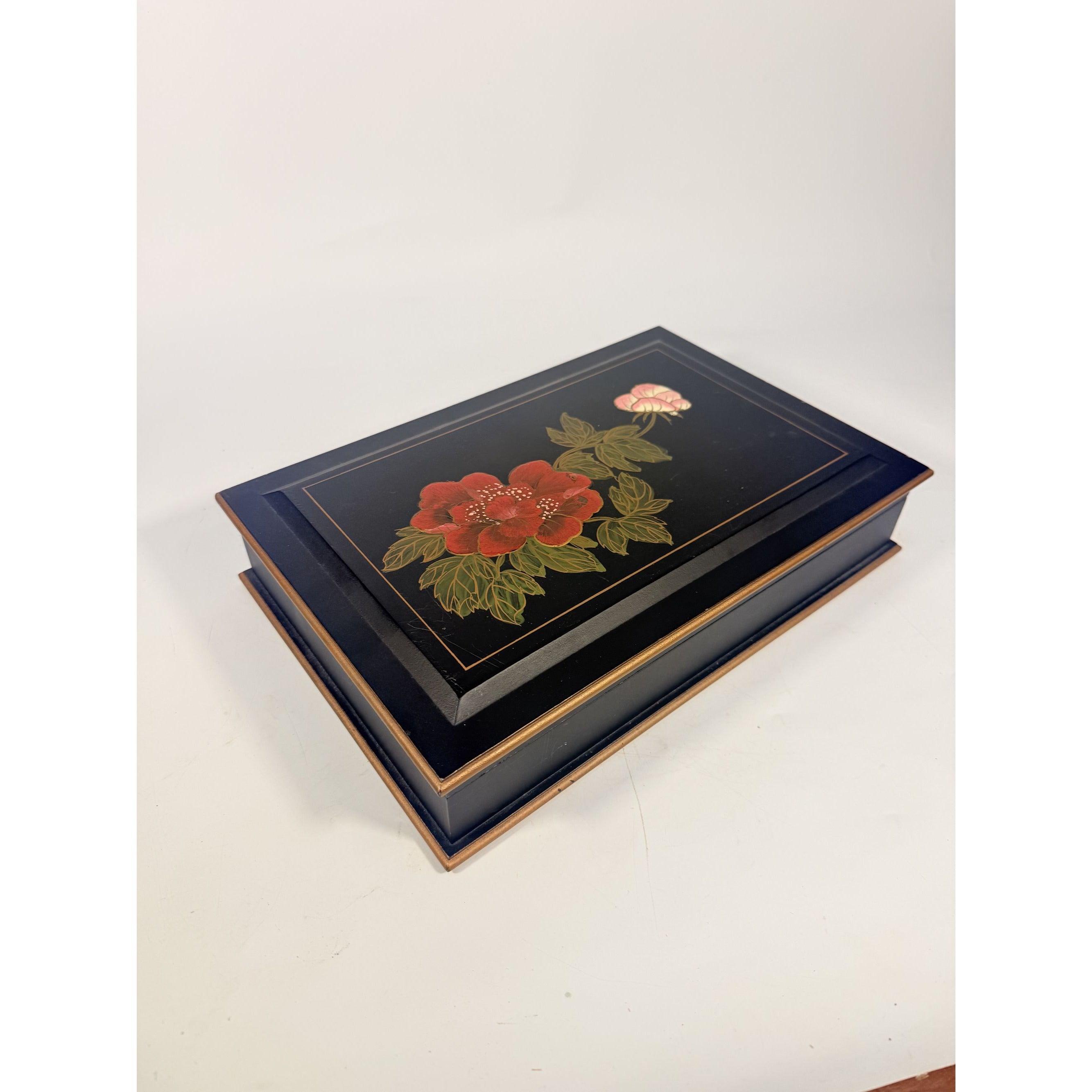 Jewlery Box Embossed Flowers Chinoiserie Oriental Boudoir Table Home Decor Black Matte