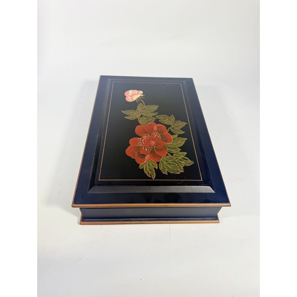 Jewlery Box Embossed Flowers Chinoiserie Oriental Boudoir Table Home Decor Black Matte
