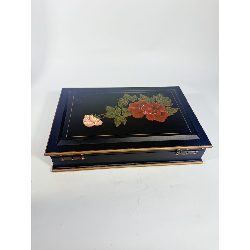 Jewlery Box Embossed Flowers Chinoiserie Oriental Boudoir Table Home Decor Black Matte
